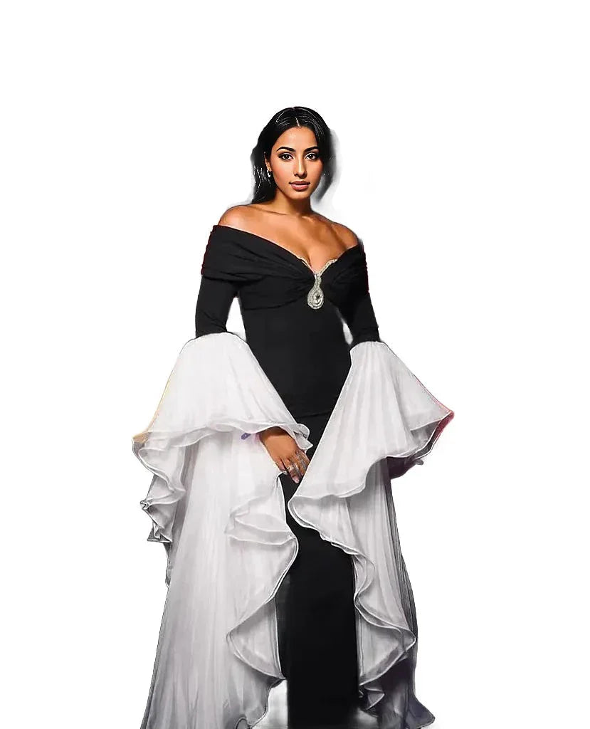 off-shoulder mermaid gown with dramatic pleated sleeves – Sherrey