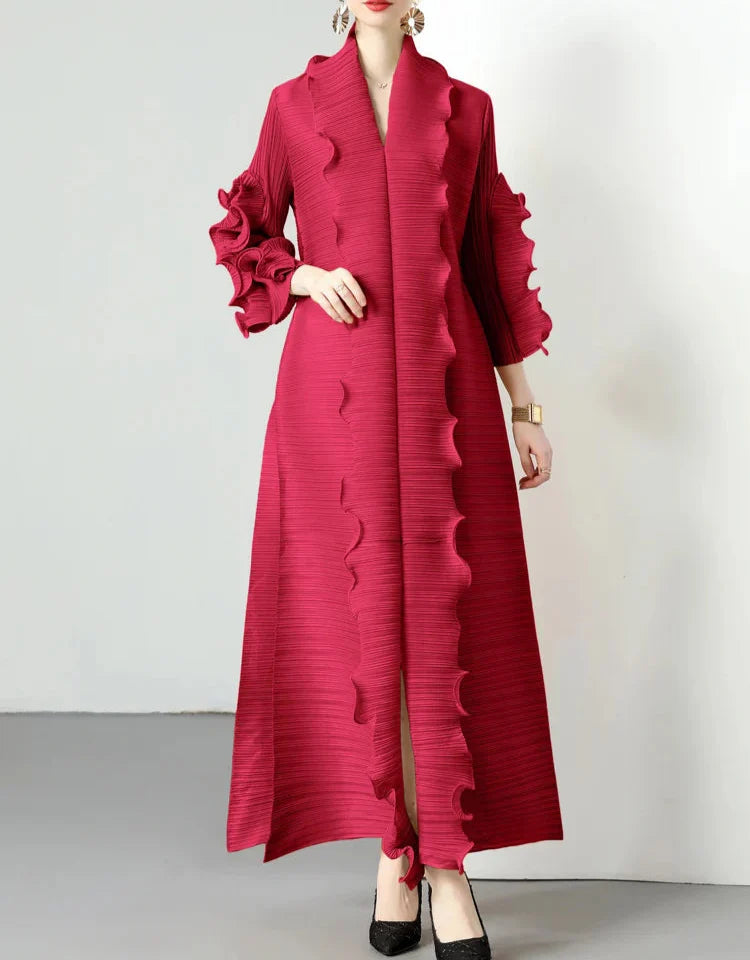 textured open-front dress with sculpted ruffle trim - LAYTA