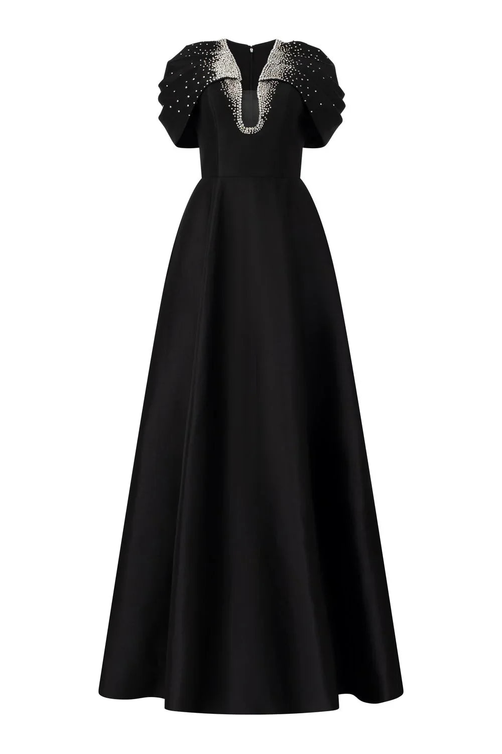 Cap-sleeve A-line dress with embellished neckline - NOIR