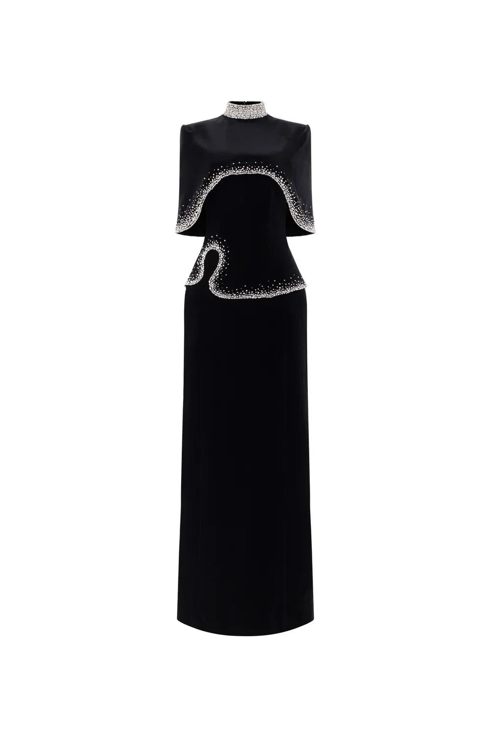 High-Neck Column Dress with Embellished Cape Detail - ELYSIA