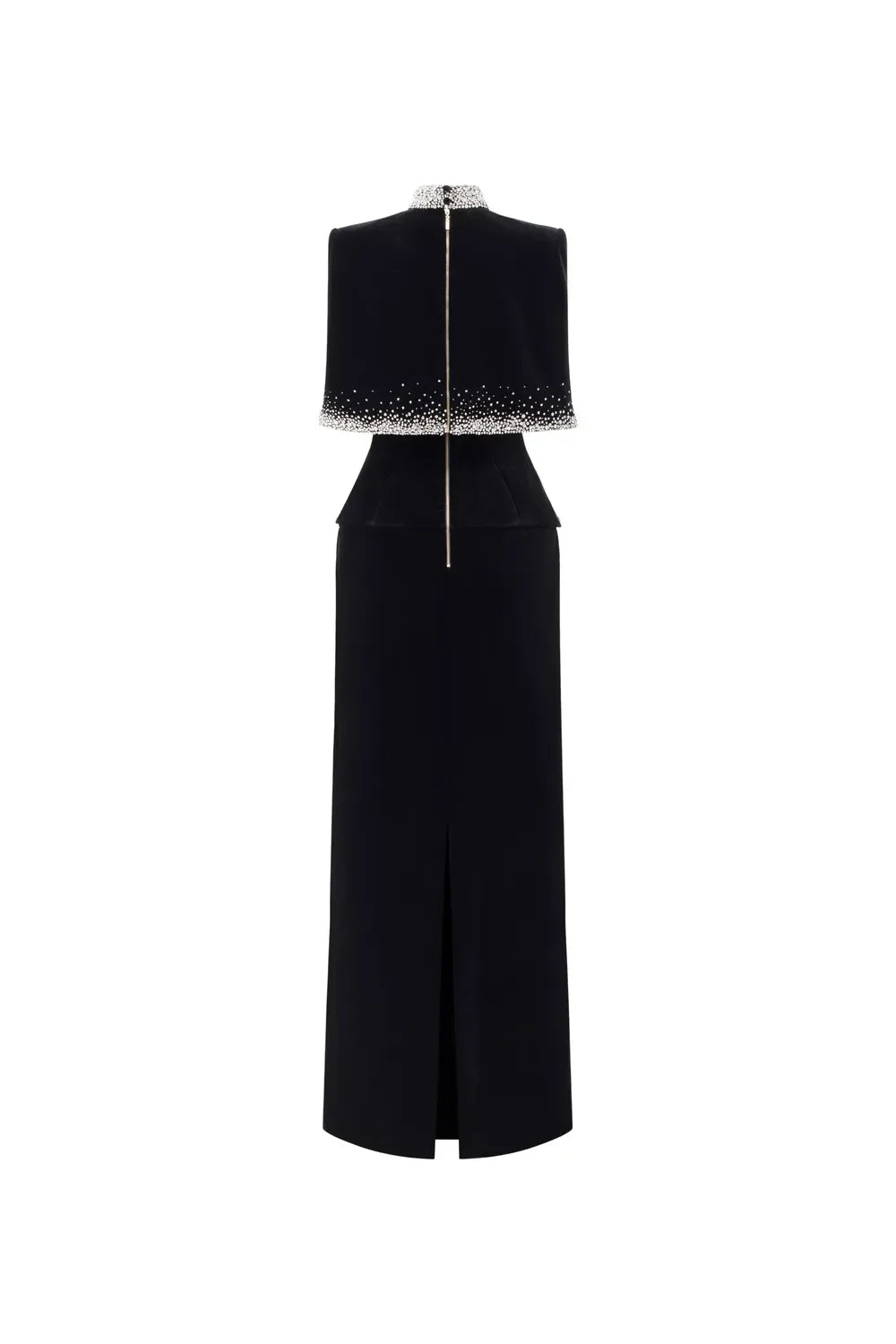 High-Neck Column Dress with Embellished Cape Detail - ELYSIA