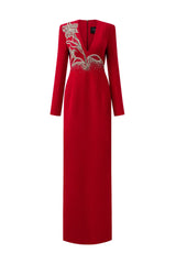 Long-sleeve column dress with floral embellishments - RUBY
