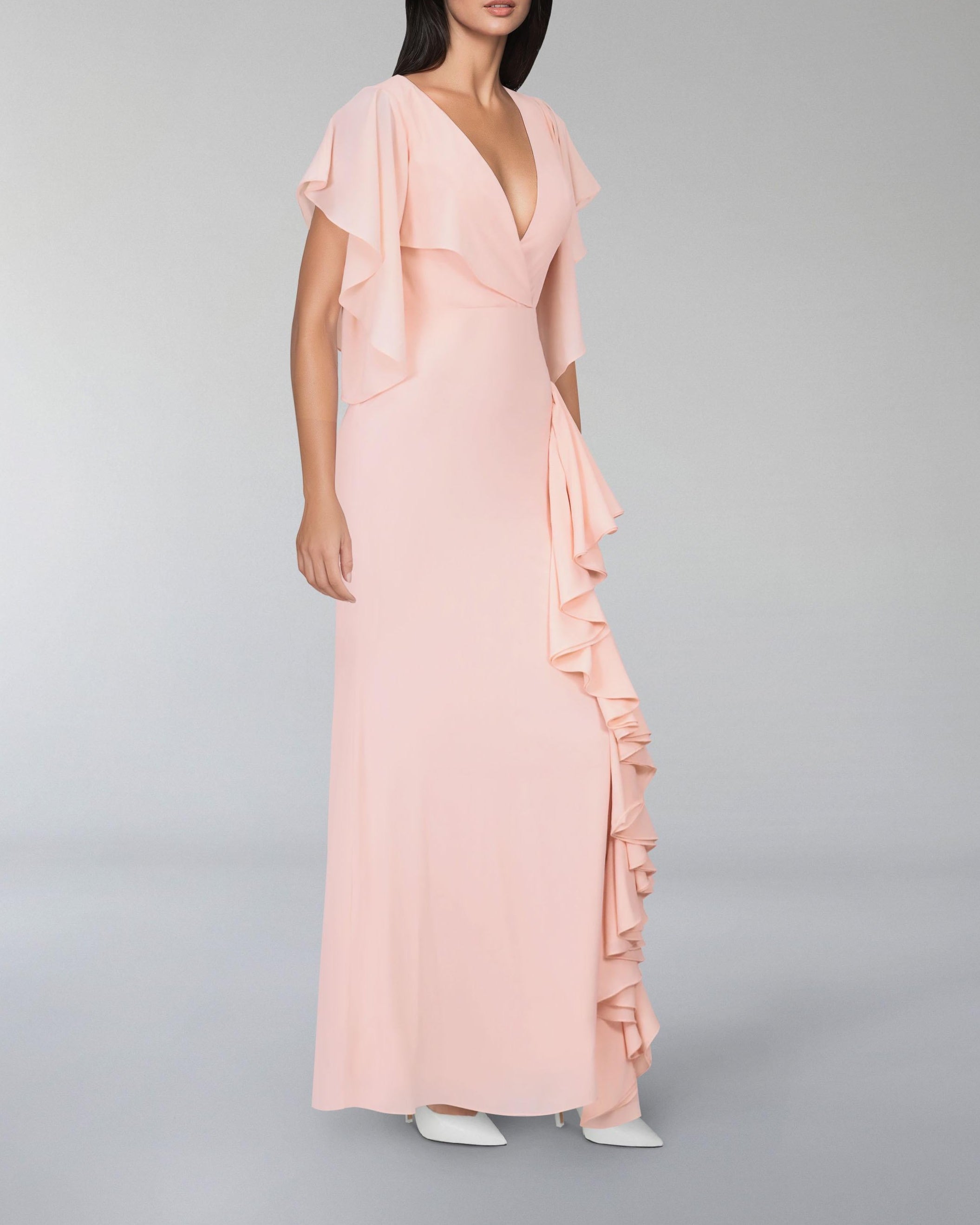 V-neckline ruffle dress with ruffled sleeves