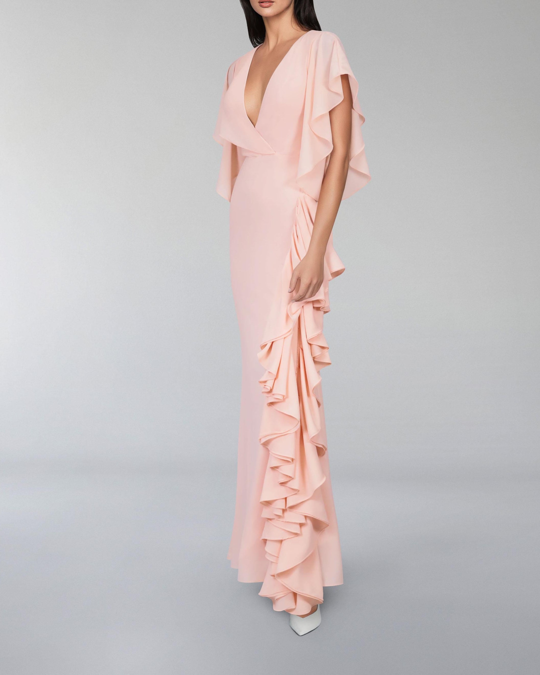 V-neckline ruffle dress with ruffled sleeves