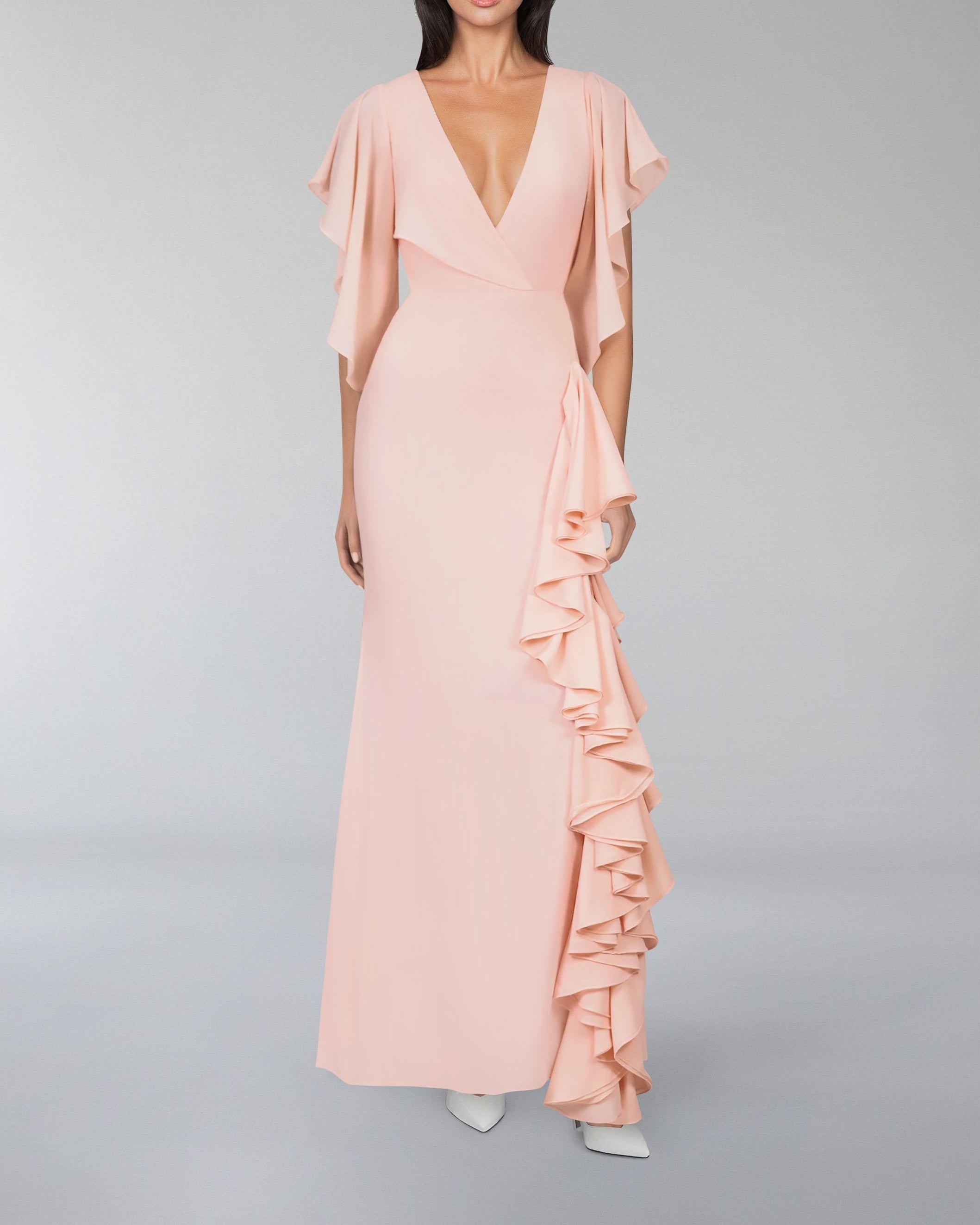 V-neckline ruffle dress with ruffled sleeves