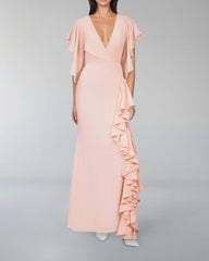 V-neckline ruffle dress with ruffled sleeves