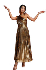 one-shoulder metallic pleated gown – Lerdya