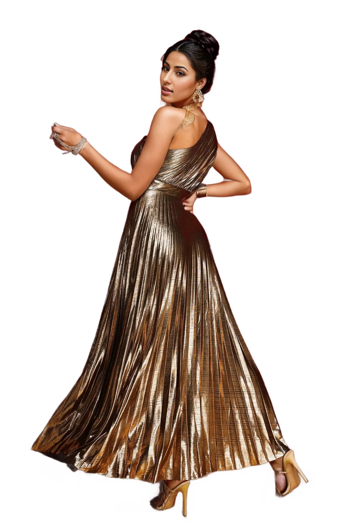 one-shoulder metallic pleated gown – Lerdya