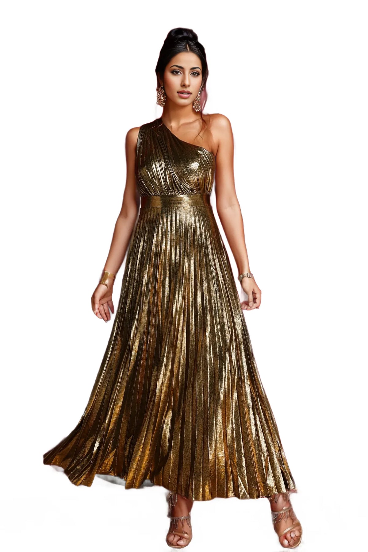 one-shoulder metallic pleated gown – Lerdya