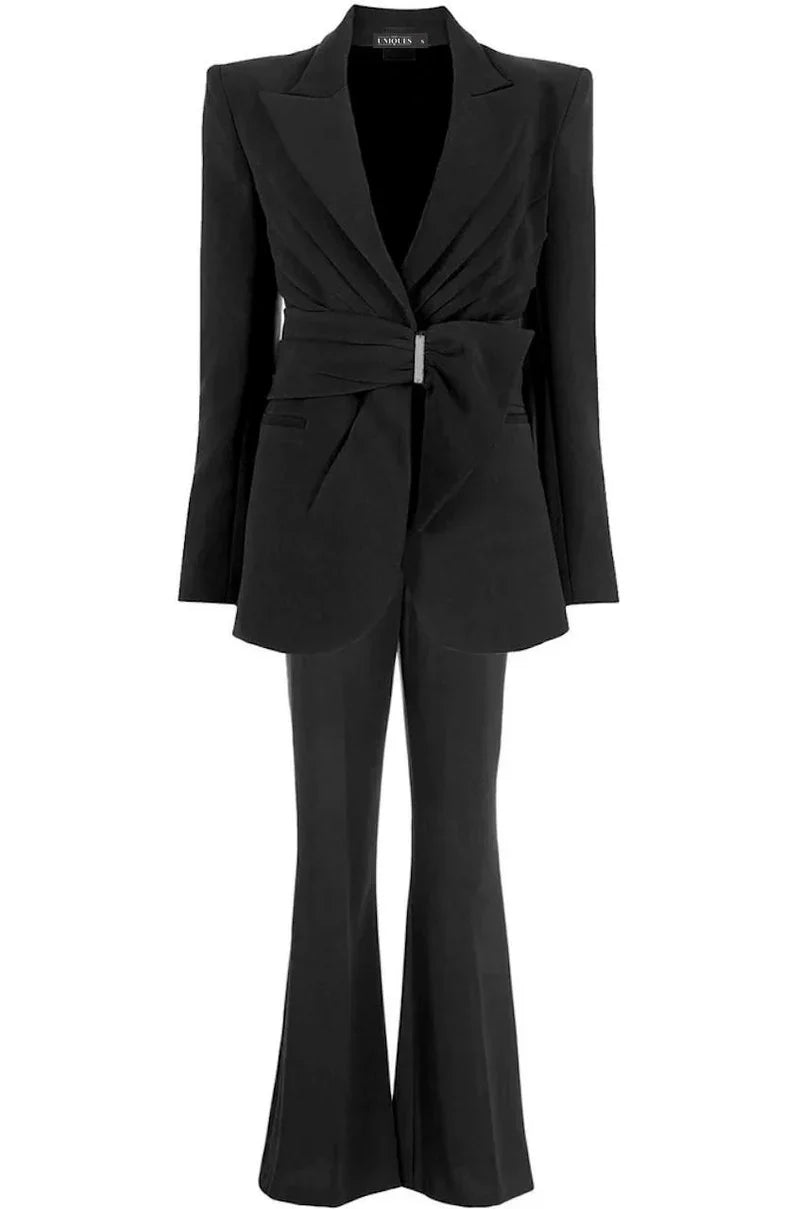 Draped belted blazer pants set with flared legs – Vronik