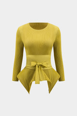 Tie Front Long Sleeve Top And Pleated Skirt Set