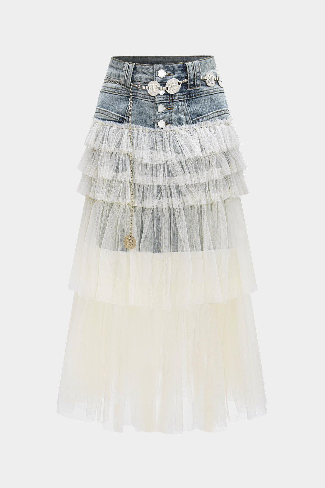 Denim Mesh Patchwork Mentalic Waist Chain Skirt