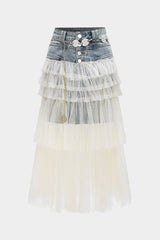 Denim Mesh Patchwork Mentalic Waist Chain Skirt