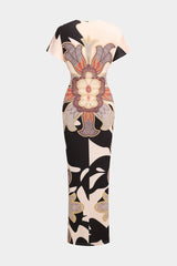 Geometric Leaves Print Ruched Short Sleeve Slit Midi Dress