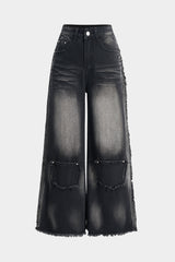 Denim Faded Wide Leg Pocket Jeans