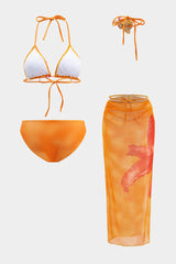 Floral Print Mesh 3D Floral Tie-Up Bikini Three-Pieces Set