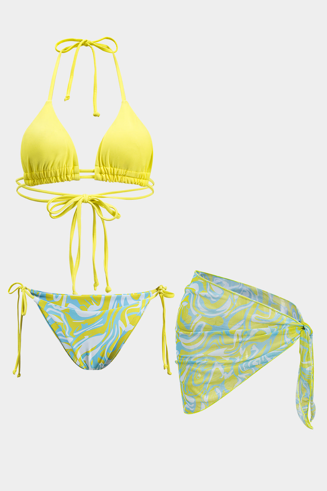 Contrast Abstract Print Mesh Ruched Tie Up Backless Bikini And Tie Knot Cover Up Set