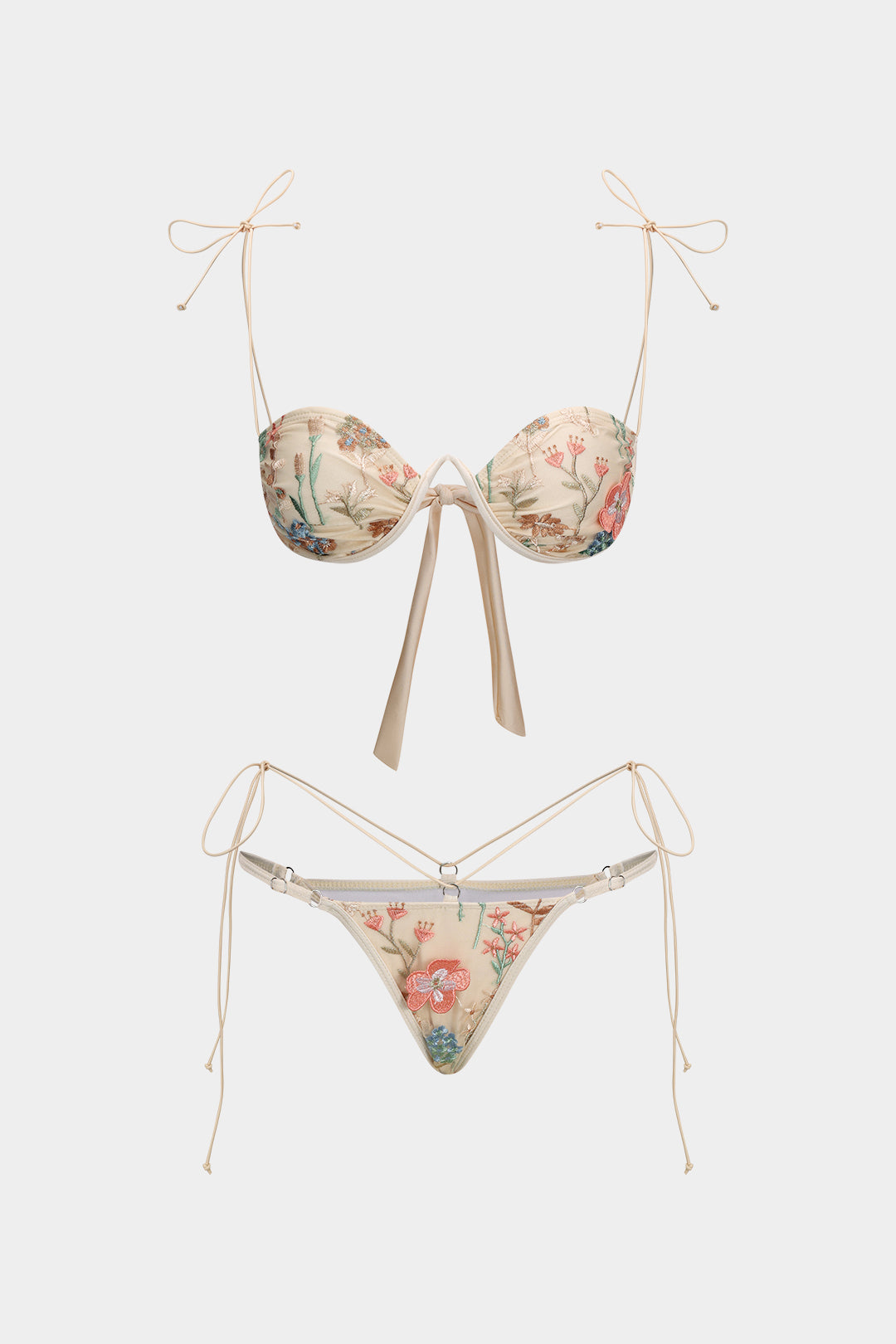 Mesh Embroidery Ruched Tie Up Bikini Set
