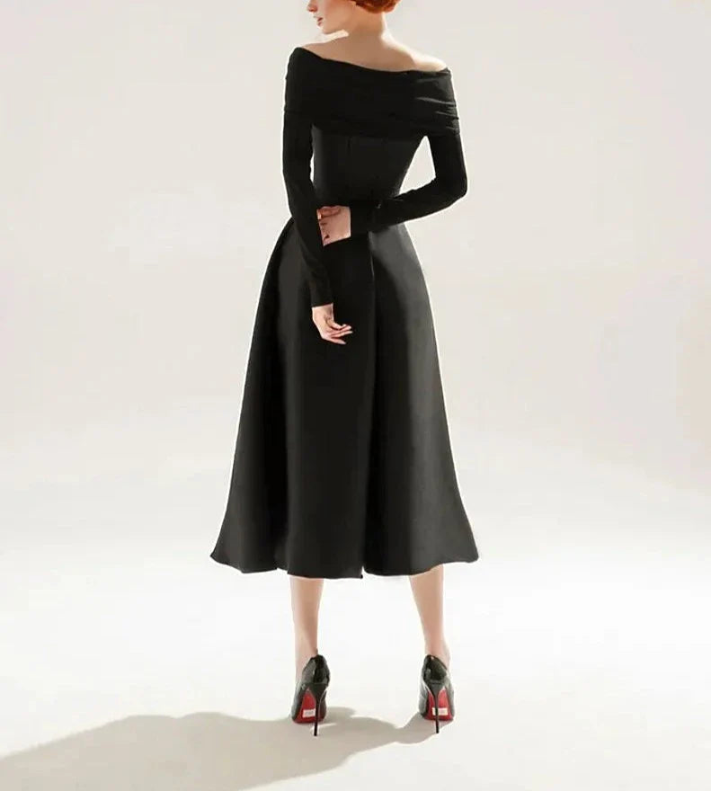 off-shoulder midi dress with floral brooch – Sarien