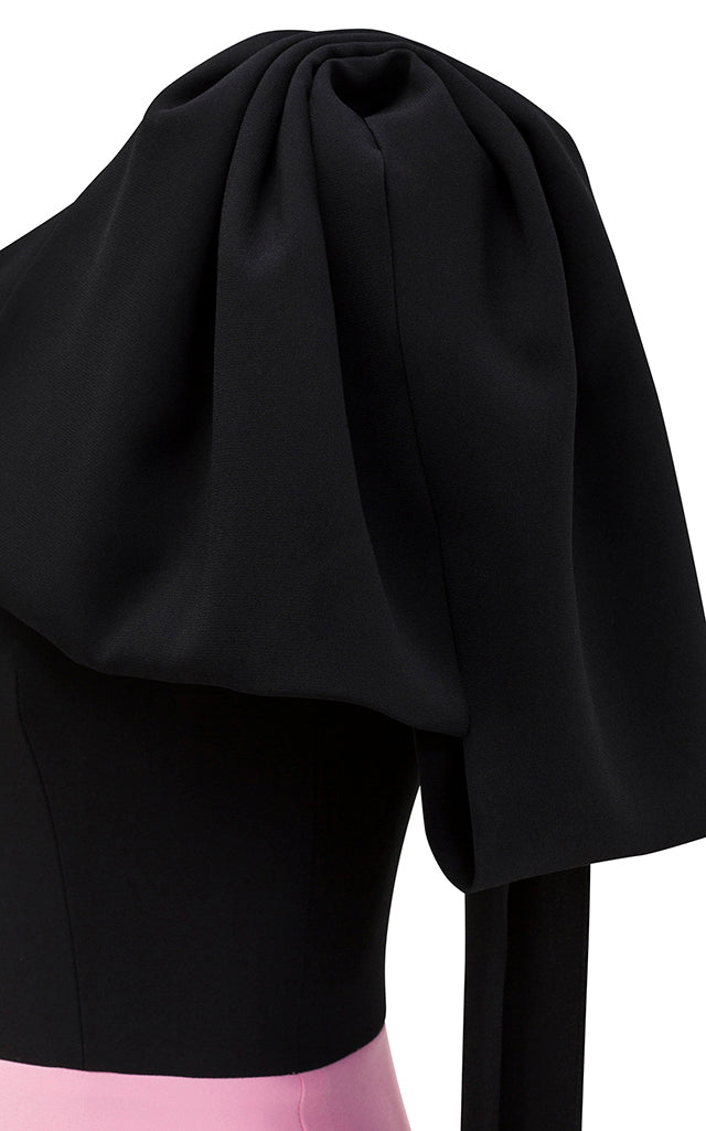 Two-tone one-shoulder gown with draped bow – Golzsa