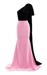 Two-tone one-shoulder gown with draped bow – Golzsa