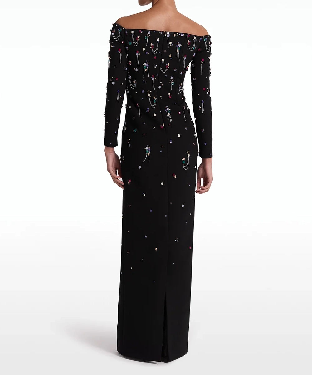 off-shoulder column dress with embellished beads - Haleen