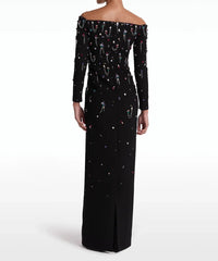 off-shoulder column dress with embellished beads - Haleen