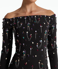 off-shoulder column dress with embellished beads - Haleen