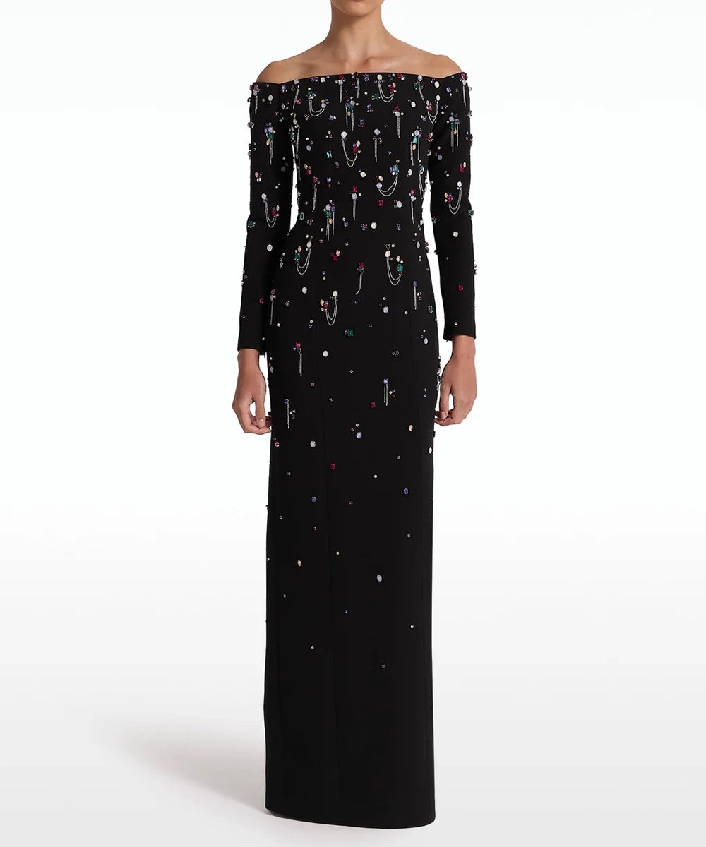 off-shoulder column dress with embellished beads - Haleen