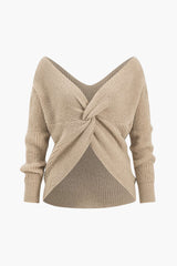 Solid Knit Backless V-Neck Twist Knot Long-Sleeve Top