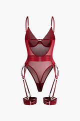 Sheer Mesh Belted Backless Bodysuit With Glove