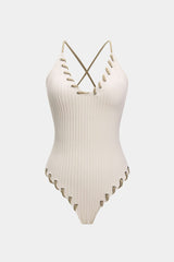 Contrast Whipstitching Tie Back Sleeveless Slip Bodysuit