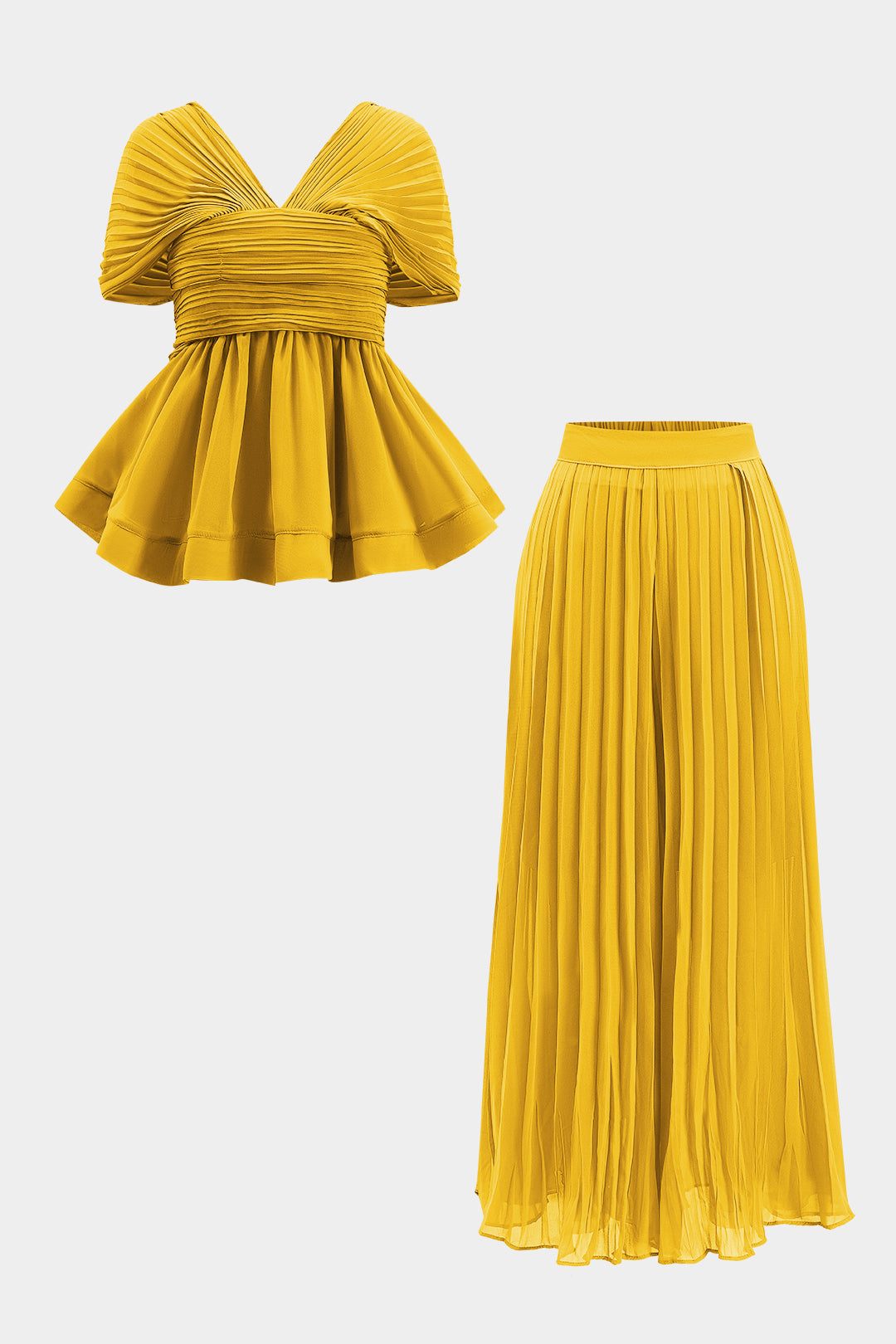 Chiffon Pleated Zipper Backless Mini Dress And Wide Leg Trousers Set