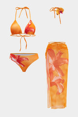 Floral Print Mesh 3D Floral Tie-Up Bikini Three-Pieces Set