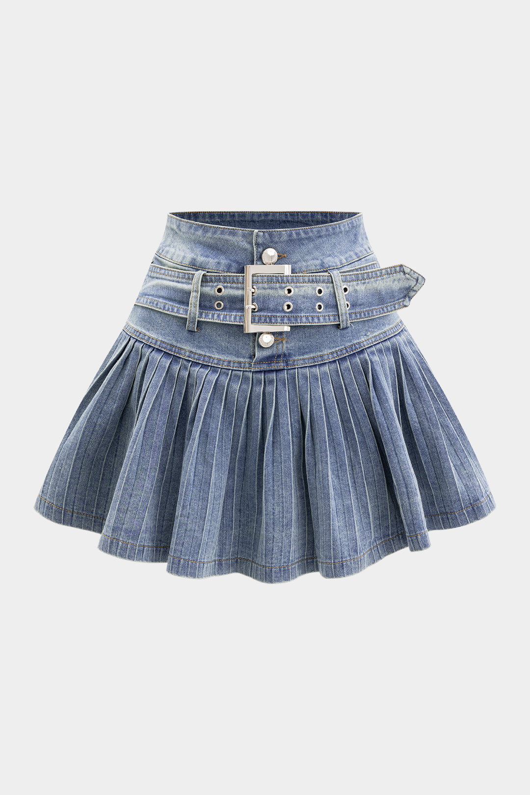 Denim Pleated High Waist  Mentalic Decor Skirt