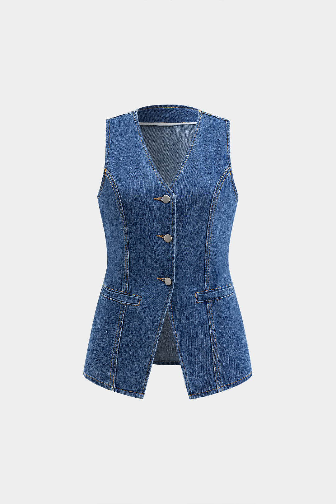 Denim Button Pocket Belted Tank Top And Shorts Set