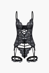 Solid Cut Out Lace Lingerie Garter Set