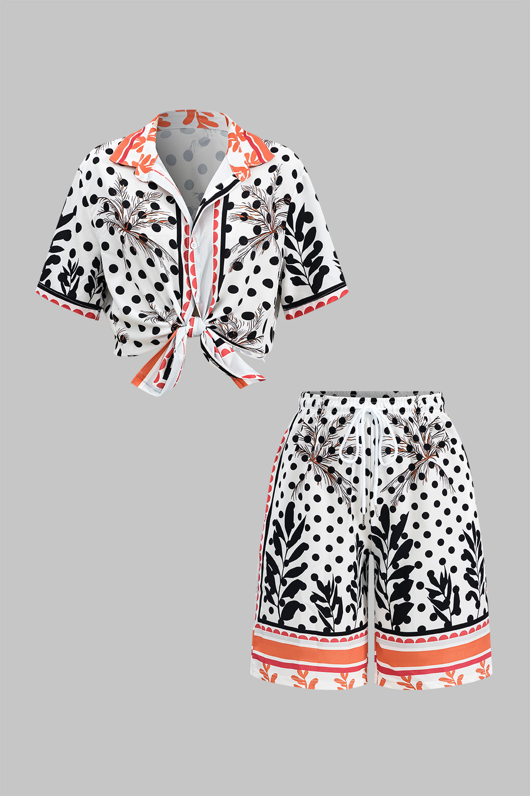 Polka Dots Print Button Short Sleeve Shirt And Ruched Tie Front Shorts Set