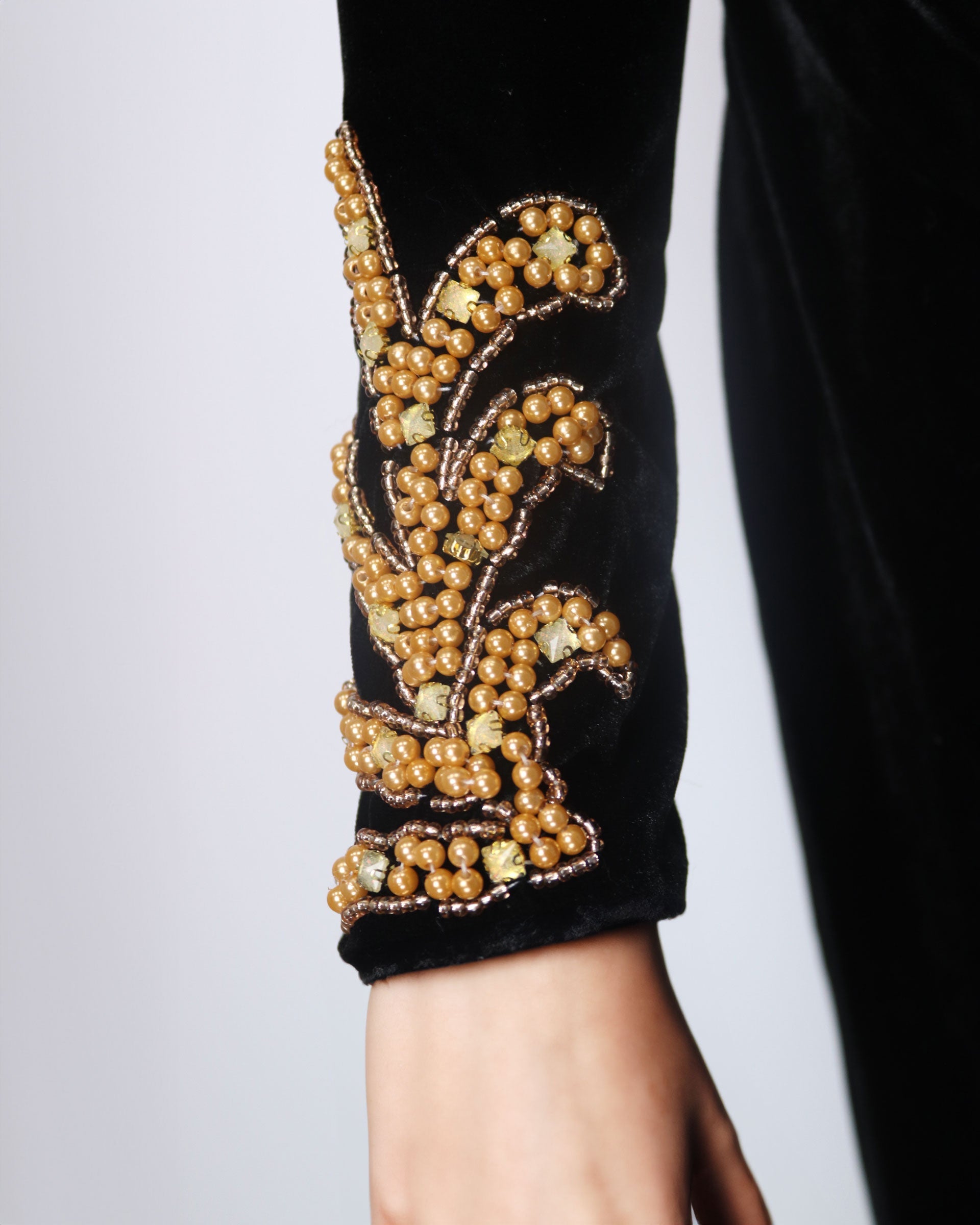 Long sleeve black velvet column dress with back neckline - Shevalini