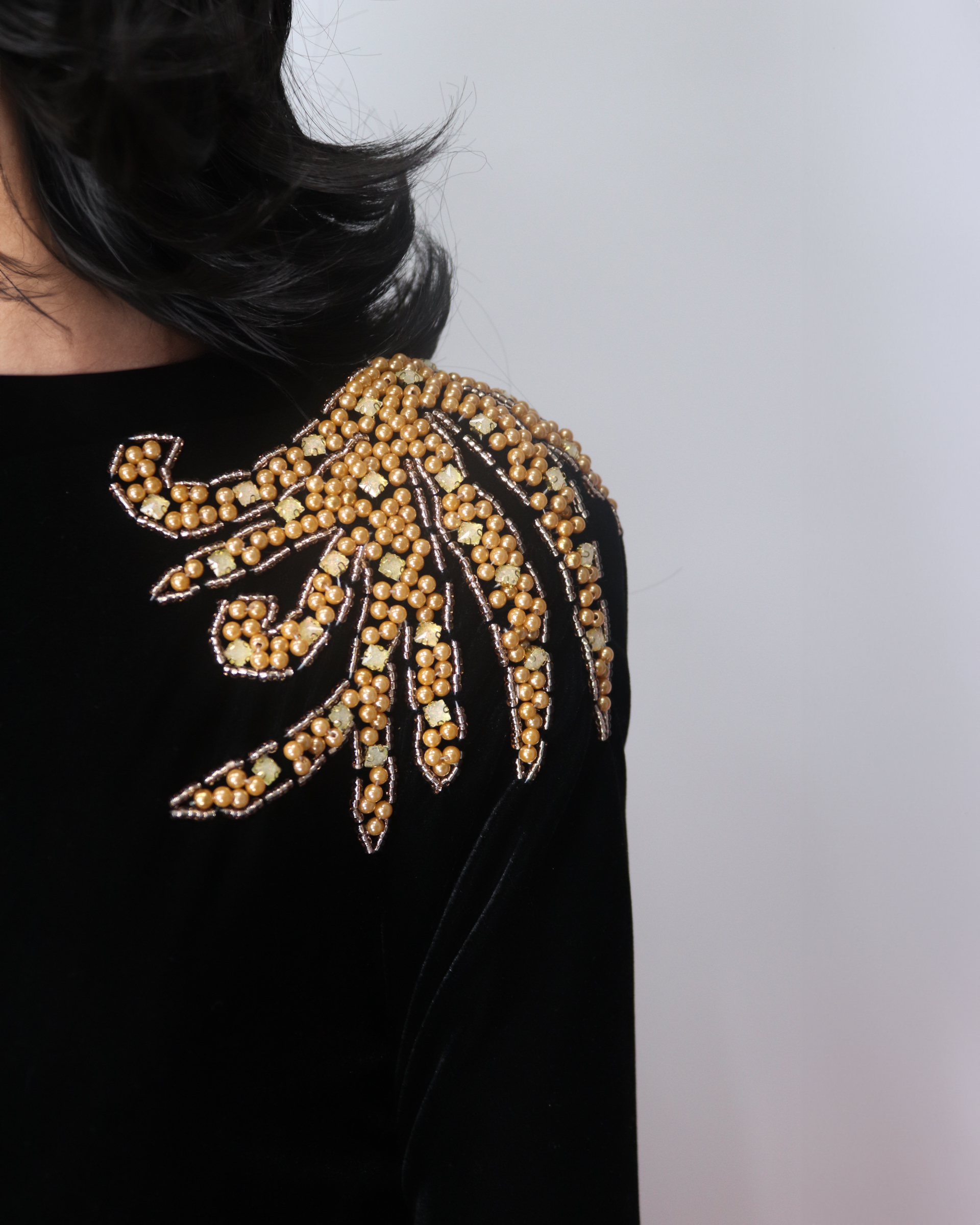 Long sleeve black velvet column dress with back neckline - Shevalini