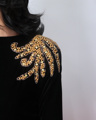 Long sleeve black velvet column dress with back neckline - Shevalini