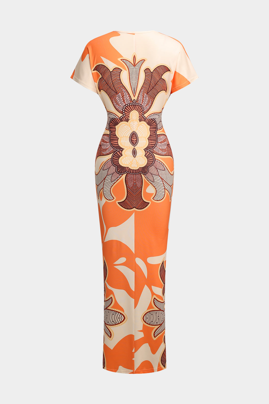 Geometric Leaves Print Ruched Short Sleeve Slit Midi Dress