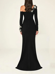 One-sleeve column dress with floral appliqué and front slit – NOIR BELLA