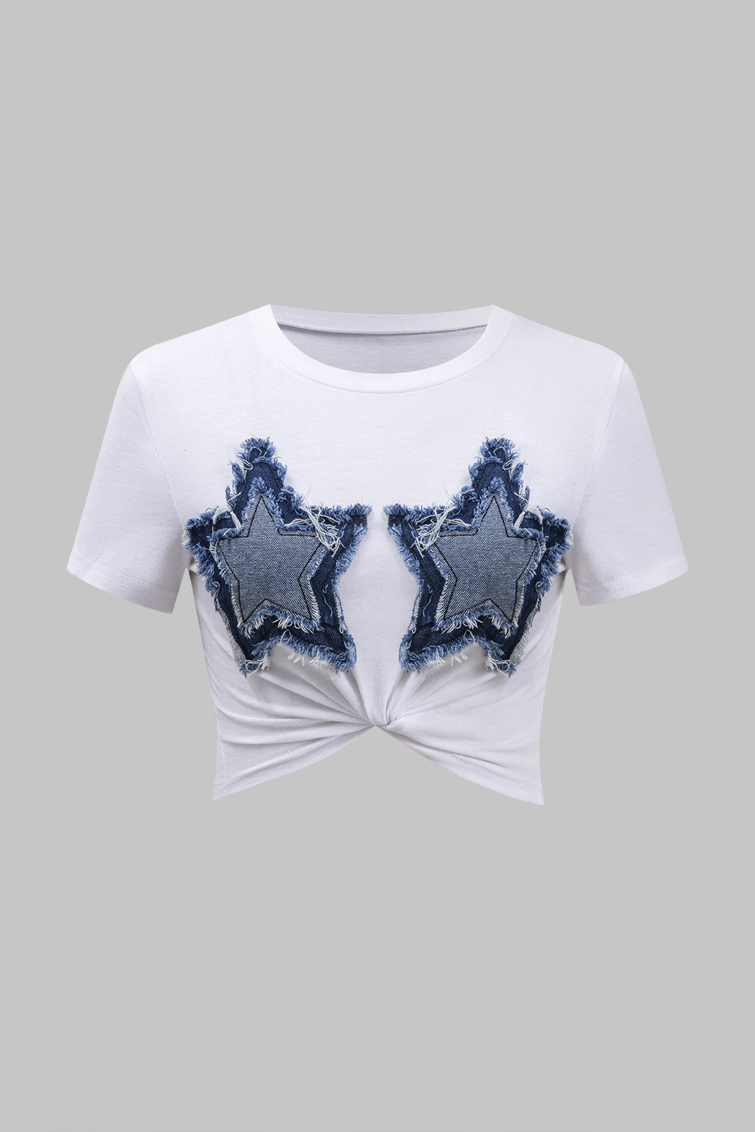 Star Frayed Patchwork Twsit Knot Short Sleeve T-Shirt