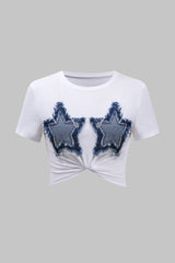 Star Frayed Patchwork Twsit Knot Short Sleeve T-Shirt