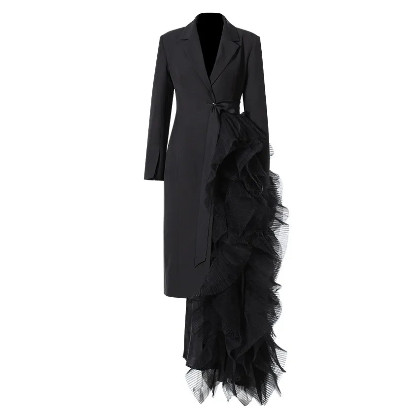 long tailored blazer dress with cascading ruffle detail - Jomali