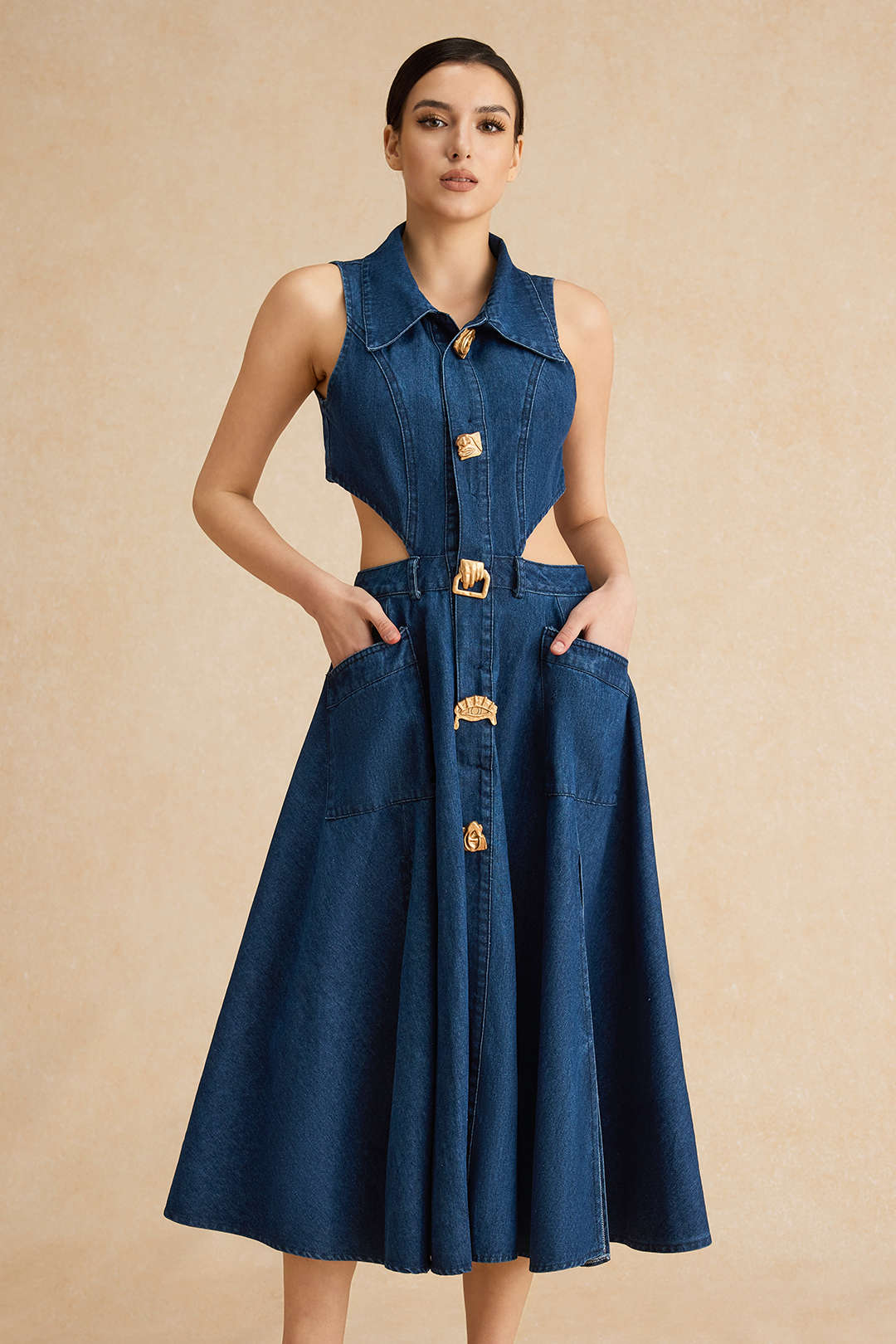 Denim Button Cut Out Dress