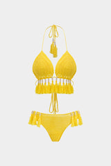 Tie Up Backless Fringe Beaded Bikini Set