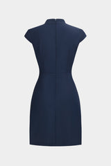 Button Pleated Zipper Short Sleeve Mini Dress