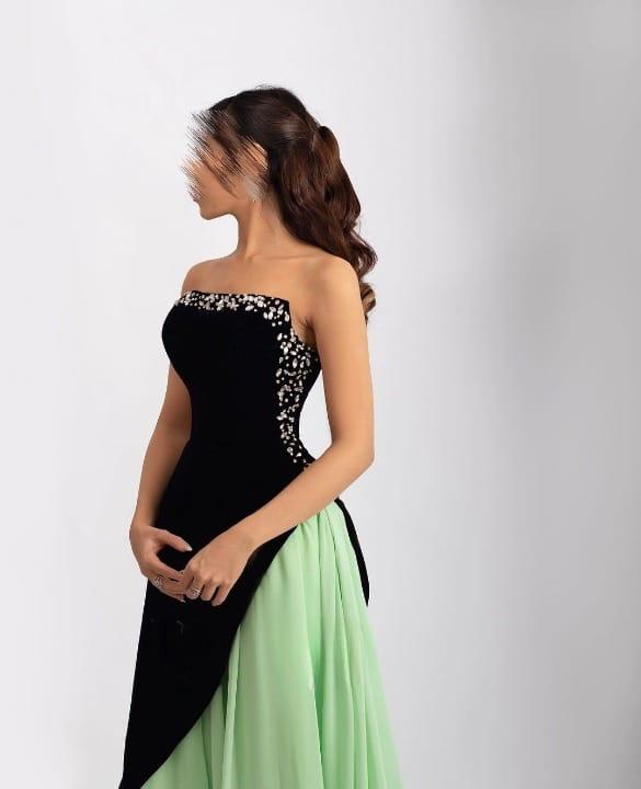 Strapless color-block gown with embellished bodice – Poleno